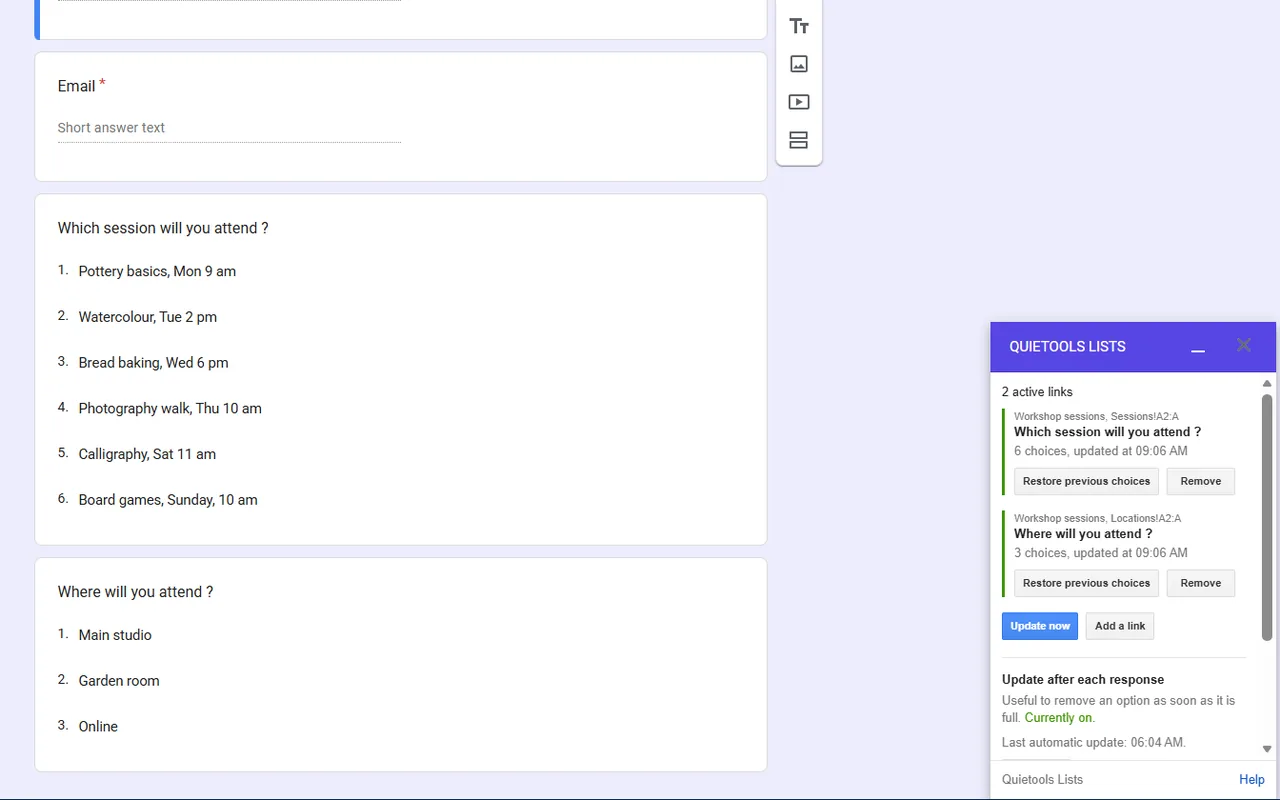 A form with two questions filled from two spreadsheet columns, and the Quietools Lists sidebar listing both links.
