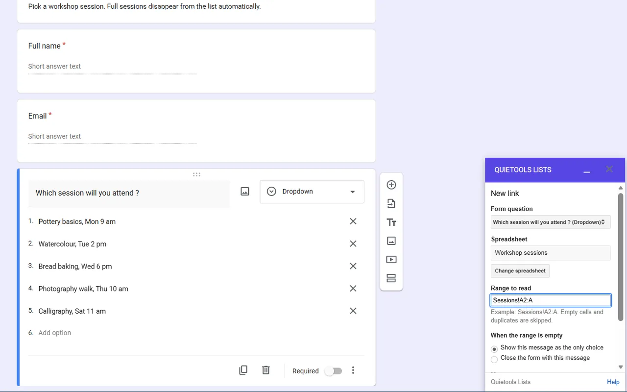 The Quietools Lists sidebar in Google Forms, creating a link: the question, the spreadsheet and the range Sessions!A2:A.